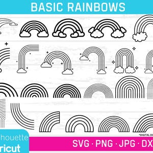 Paquete de vectores básicos de arcoíris, archivos de corte de arcoíris, archivos SVG de arcoíris, arcoíris y nubes, archivos DXF de arcoíris, 23 diseños de arcoíris en 4 formatos