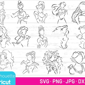 Prinzessin Line Art Bundle, SVGs, PNGs, JPGs, DXFs Prinzessinnen Schnittdateien, Prinzessin SVG, Prinzessin Clip Art, Prinzessin Figuren, Line Art