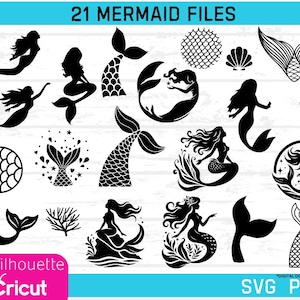 Lot de silhouettes de sirène SVG, PNG, JPG, svg de sirène, fichiers coupés sirène, svg queue de sirène, motif sirène, clipart petite sirène,