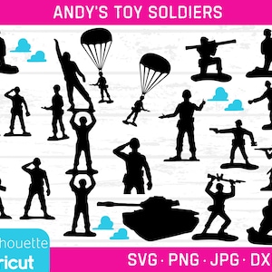 Andy's Spielzeugsoldaten Vektor-Bundle, Spielzeugsoldaten Cliparts, Armee Männer Schnittdateien, Spielzeug Armee Männer, Andy's Soldaten, Andy's Figuren - Bonus Wolken
