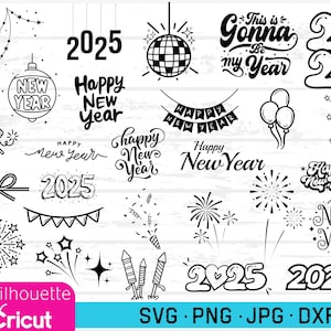 Bundle Saint-Sylvestre SVG, PNG, JPG, DXF, svg du Nouvel An, fichiers coupés NYE, vecteurs du Nouvel An, feux d'artifice, 2025 svg, 2024 vecteurs