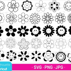 Bündel Smiley Blumen, Blumenschnittdateien, Glückliches Gesicht Blumensvgs, Niedliche Blumen SVGs, Blumen mit Gesichtern, Schnittdateien für Cricut, Für Kinder,