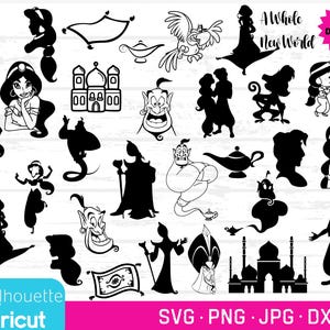 Bündel von SVGs, PNGs, DXFs, JPGs, Aladdin svg, Aladdin Clip Art, Prinzessin Jasmin svgs, Jasmin und Aladdin svgs, Genie Cut Files, Jafar svg