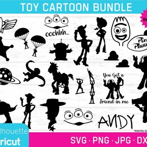 Bundle of SVGs, PNGs, JPGs, DXFs Toy Story Cartoon Svgs, Buzz cut files, Buzz and Woody, Toy cartoon svg, Andy Toys svgs, Pizza Planet,
