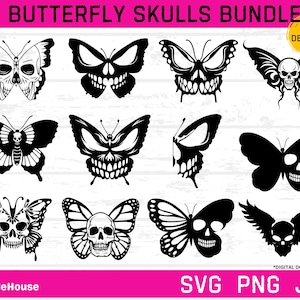 Bündel Schädelschmetterlinge, SVGs, PNGs, JPGs, Schmetterlings-Svgs, Goth-Schmetterling, Tattoo-Stil svg, Schädel-Schmetterlings-Svgs,