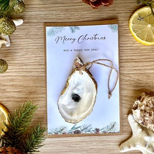 Hand Painted Oyster Shell Christmas Ornament With Card | Beach Wedding Favor | Holiday | Real Oyster | Gifts For Her
