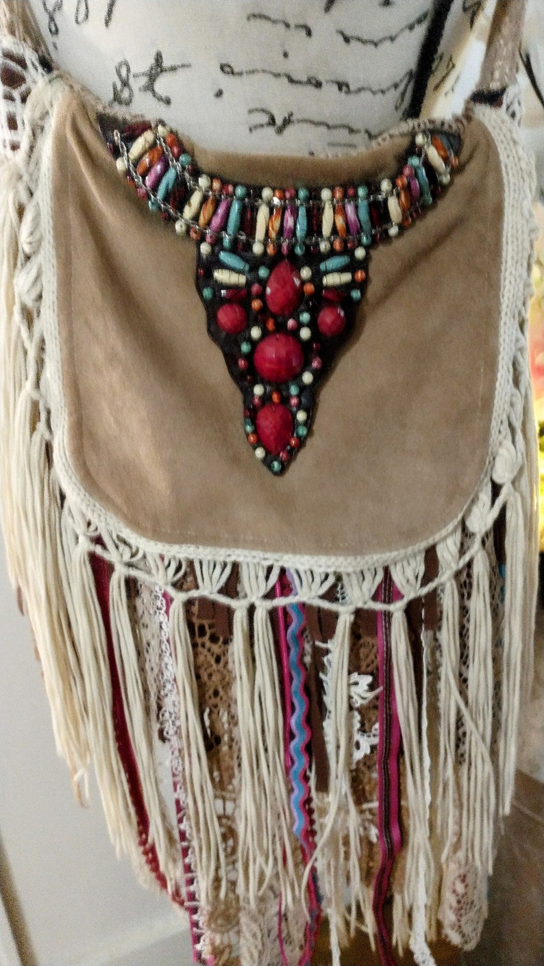 vintage embroidery cross body boho purse beaded tassel