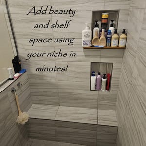 Expand your shower niche shelf space with Neat Niche!  A unique shelf made of Iroko or Afrormosia  wood (African teak). No tools required!