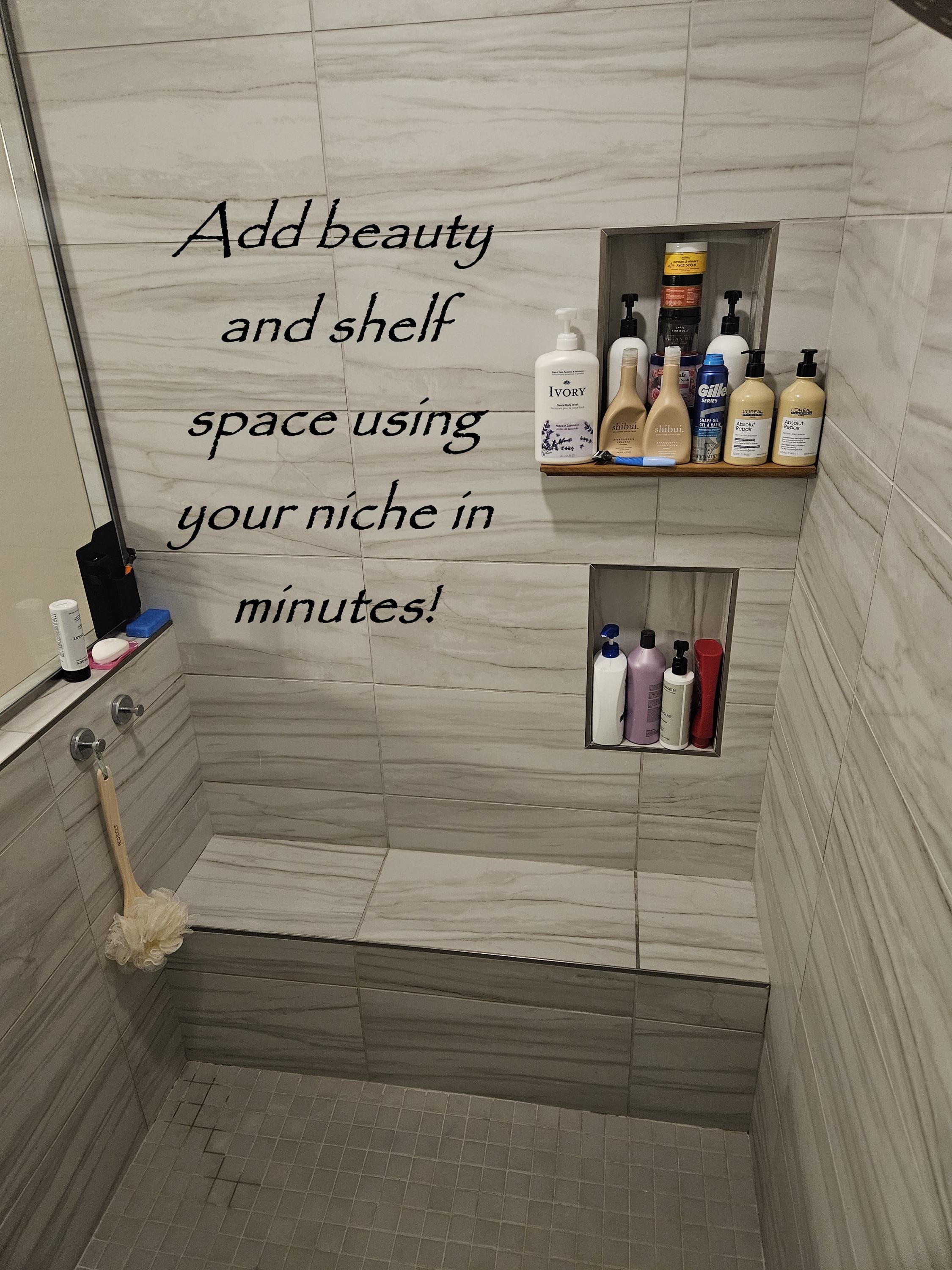 Expand your shower niche shelf space with Neat Niche!  A unique shelf made of Iroko or Afrormosia  wood (African teak). No tools required!