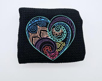 Mendi Heart mandala kitchen tea towel! Embroidered heart!Gorgeous and cheerful full of love. BLACK towel with vibrant rainbow mandala heart.