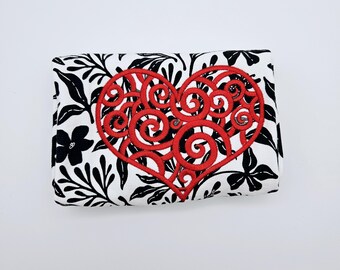 Red Swirl heart on black and white floral  kitchen tea towel! Embroidered heart!Gorgeous and cheerful full of love. Excellent quality towel.