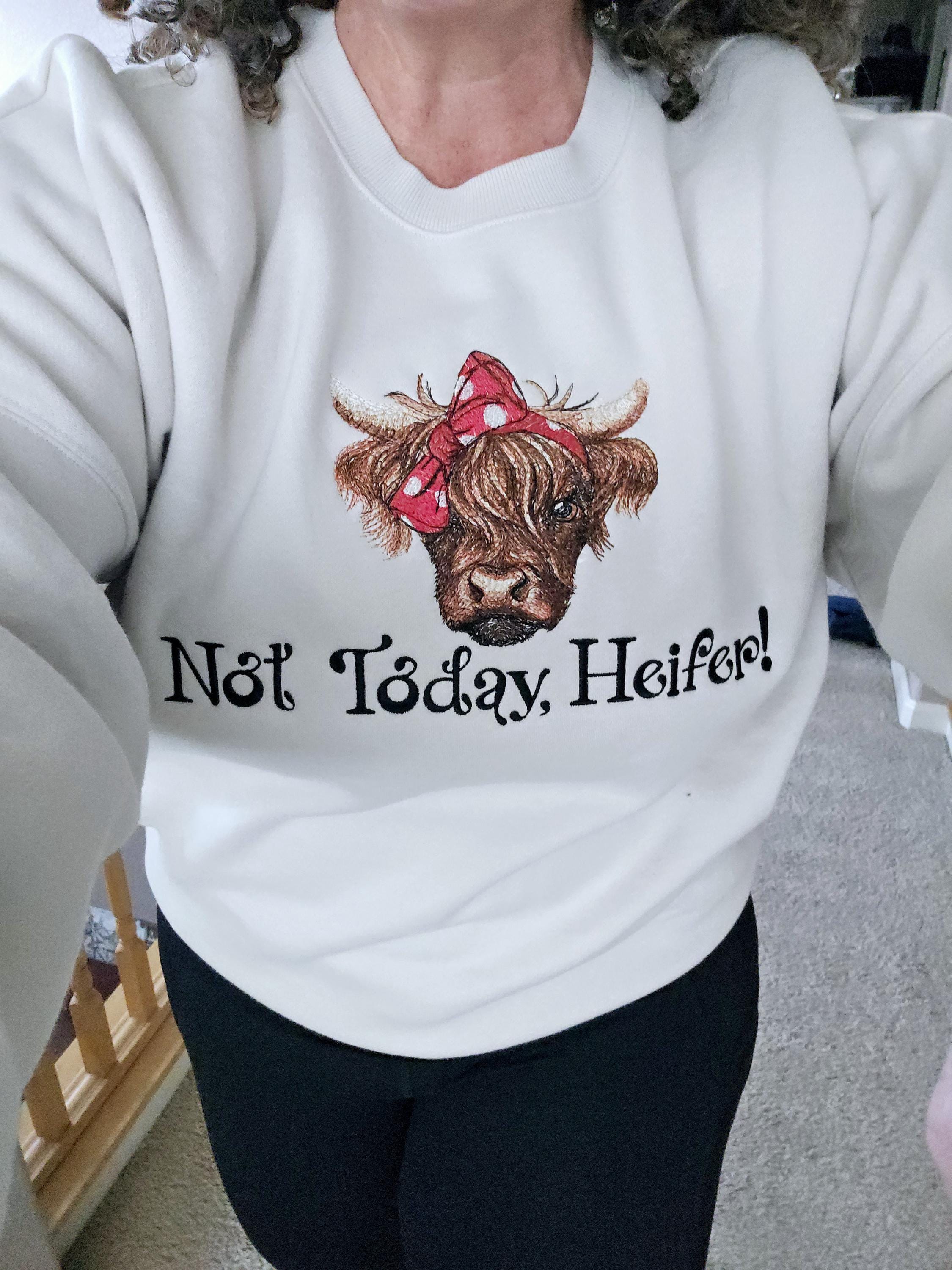 Not Today, Heifer! Hairy Coo Highlander cow embroidered roomy Large neutral Sand colored sweatshirt.  Thick, cozy,*with pockets*.