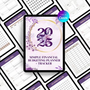 Może przedstawiać: Tablet cyfrowy wyświetlający fioletowy i złoty wzór kwiatowy z tekstem "2025 Simple Financial Budgeting Planner + Tracker". Obraz jest otoczony różnymi stronami do wydrukowania do budżetowania, celów finansowych i wyzwań oszczędnościowych.