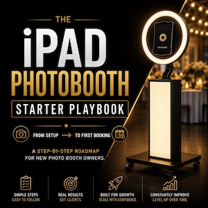 Pode incluir: Um suporte preto para cabine de fotos iPad com uma luz circular e um tablet montado no centro. O texto diz THE iPAD PHOTOBOOTH STARTER PLAYBOOK, FROM SETUP TO FIRST BOOKING, A STEP-BY-STEP ROADMAP FOR NEW PHOTO BOOTH OWNERS.