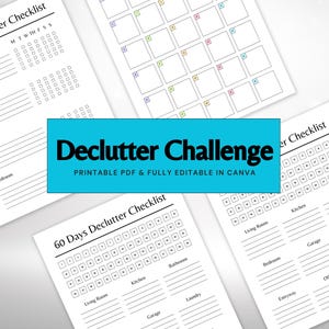 Könnte beinhalten: Eine Sammlung druckbarer Checklisten zum Entrümpeln. Das Bild zeigt mehrere weiße Blätter mit schwarzem Text, darunter eine wöchentliche und eine 60-Tage-Entrümpelungs-Checkliste. Der Text "Declutter Challenge" wird auf einem blauen Banner angezeigt.