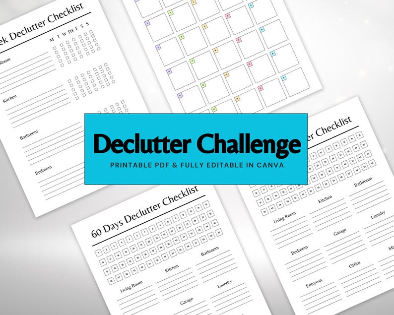 K&ouml;nnte beinhalten: Eine Sammlung druckbarer Checklisten zum Entr&uuml;mpeln. Das Bild zeigt mehrere wei&szlig;e Bl&auml;tter mit schwarzem Text, darunter eine w&ouml;chentliche und eine 60-Tage-Entr&uuml;mpelungs-Checkliste. Der Text "Declutter Challenge" wird auf einem blauen Banner angezeigt.