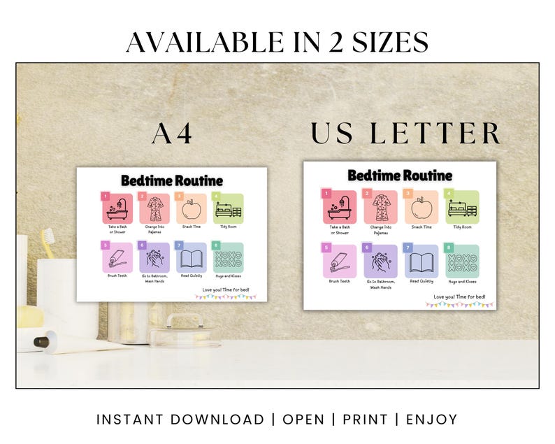 May include: A printable bedtime routine chart with colorful icons and text. The chart is available in two sizes: A4 and US Letter. The text on the chart reads "Bedtime Routine".
