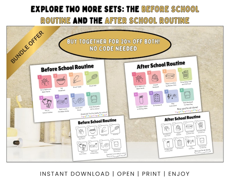 May include: Two printable charts with colorful backgrounds and black outlines. The charts are titled "Before School Routine" and "After School Routine". Each chart has a list of activities with corresponding illustrations. The charts are designed to help children learn and follow a daily routine.