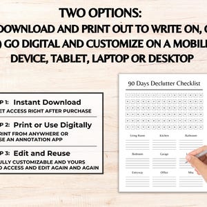 K&ouml;nnte beinhalten: Eine druckbare 90-Tage-Checkliste zum Entr&uuml;mpeln mit Kontrollk&auml;stchen und Raumkategorien. Der Text lautet: "ZWEI OPTIONEN: 1) HERUNTERLADEN UND AUSDRUCKEN ZUM BESCHREIBEN ODER 2) DIGITALISIEREN UND AUF EINEM MOBILGER&Auml;T, TABLET, LAPTOP ODER DESKTOP ANPASSEN".