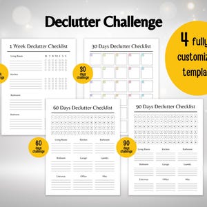K&ouml;nnte beinhalten: Eine wei&szlig;e, druckbare Checkliste zum Entr&uuml;mpeln mit dem Text "Declutter Challenge" oben. Das Bild zeigt vier verschiedene Vorlagen: 1 Woche, 30 Tage, 60 Tage und 90 Tage. Das Bild enth&auml;lt auch den Text "4 voll anpassbare Vorlagen."