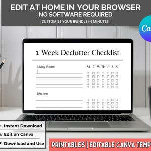 K&ouml;nnte beinhalten: Ein Laptop zeigt eine schwarz-wei&szlig;e Vorlage f&uuml;r eine "1-Wochen-Entr&uuml;mpelungs-Checkliste". Der Bildschirm zeigt Abschnitte f&uuml;r Wohnzimmer und K&uuml;che mit Kontrollk&auml;stchen f&uuml;r jeden Wochentag. Der Text lautet "Bearbeiten Sie zu Hause in Ihrem Browser".