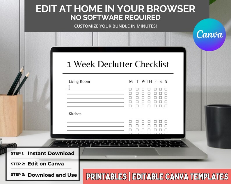K&ouml;nnte beinhalten: Ein Laptop zeigt eine schwarz-wei&szlig;e Vorlage f&uuml;r eine "1-Wochen-Entr&uuml;mpelungs-Checkliste". Der Bildschirm zeigt Abschnitte f&uuml;r Wohnzimmer und K&uuml;che mit Kontrollk&auml;stchen f&uuml;r jeden Wochentag. Der Text lautet "Bearbeiten Sie zu Hause in Ihrem Browser".