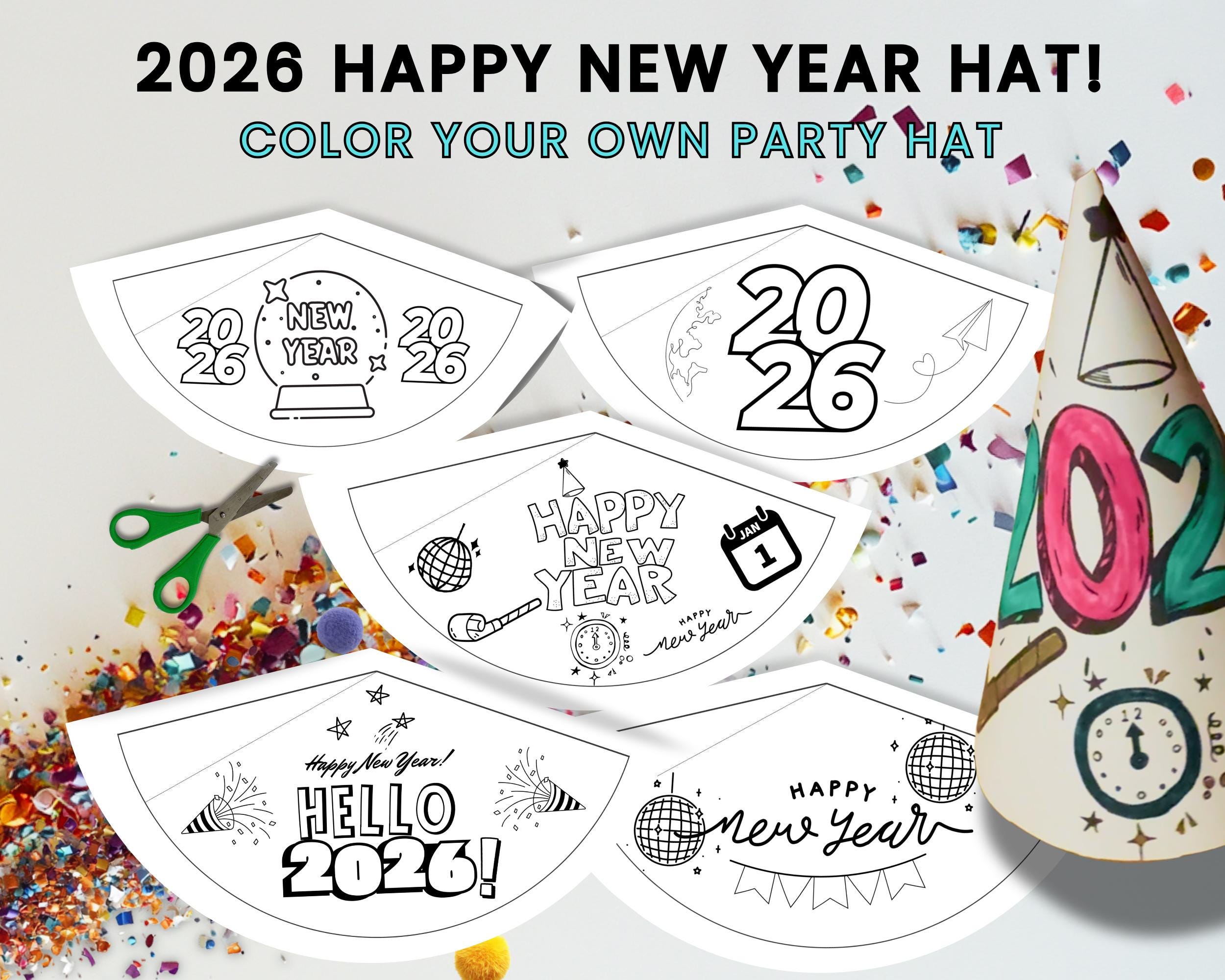 printable happy new year hat | 2026 nye paper party hat kids