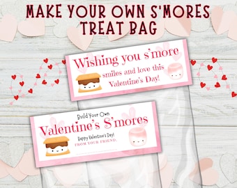 Make Your Own Smores Kid Valentine's Day Treat Bag Topper Printable | Cute Fun Unique Preschool Classroom School Easy Favor Snack Goodie Bag