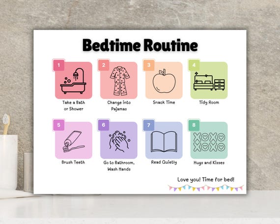 Bedtime Routine Chart Printable | Bedtime Checklist Visual Guide | Bedtime Routine Step by Step Kids Visual Chart | Toddlers Preschooler Kid