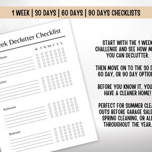 K&ouml;nnte beinhalten: Eine wei&szlig;e Papier-Checkliste mit dem Titel "1 Week Declutter Checklist" mit Abschnitten f&uuml;r Wohnzimmer, K&uuml;che, Bad und Schlafzimmer. Die Checkliste enth&auml;lt ein w&ouml;chentliches Kalenderraster. Der Text oben lautet "1 WEEK | 30 DAYS | 60 DAYS | 90 DAYS CHECKLISTS".