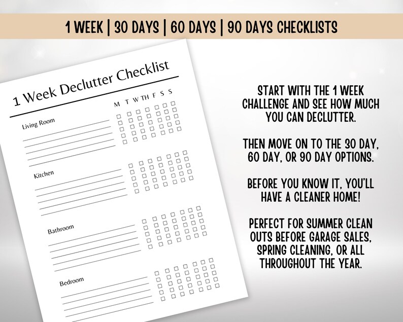 K&ouml;nnte beinhalten: Eine wei&szlig;e Papier-Checkliste mit dem Titel "1 Week Declutter Checklist" mit Abschnitten f&uuml;r Wohnzimmer, K&uuml;che, Bad und Schlafzimmer. Die Checkliste enth&auml;lt ein w&ouml;chentliches Kalenderraster. Der Text oben lautet "1 WEEK | 30 DAYS | 60 DAYS | 90 DAYS CHECKLISTS".