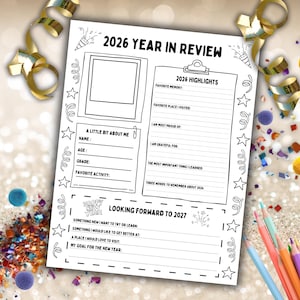 Rétrospective de l'année pour les enfants | Nouvel An 2027 | Capsule temporelle pour enfants à imprimer | À propos de moi Souvenir du Nouvel An | Coloriage et feuille d'exercices d'écriture