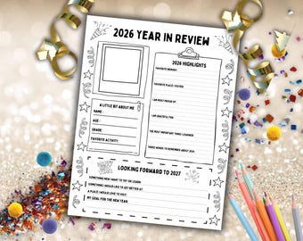 Kinderjahr im Jahresrückblick | 2027 Neujahr | Kinder Zeitkapsel Printable | Über mich Silvester Andenken | Arbeitsblatt zum Ausmalen und Schreiben