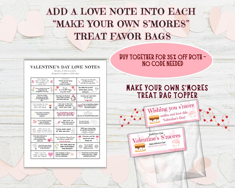 On a background of hearts, 30 little love notes paired with make your own smores bags
