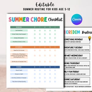 May include: A colorful summer chore checklist and boredom busters printable. The checklist includes morning, afternoon, and evening tasks. The boredom busters list activities for each day of the week. The Canva logo is visible.
