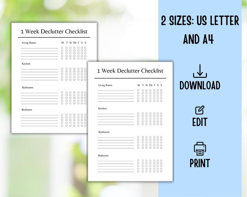 K&ouml;nnte beinhalten: Zwei wei&szlig;e, druckbare Checklisten mit der Aufschrift "1 Week Declutter Checklist" mit Abschnitten f&uuml;r Wohnzimmer, K&uuml;che, Bad und Schlafzimmer. Der Text "2 Sizes: US Letter and A4" wird zusammen mit Download-, Bearbeitungs- und Drucksymbolen angezeigt.