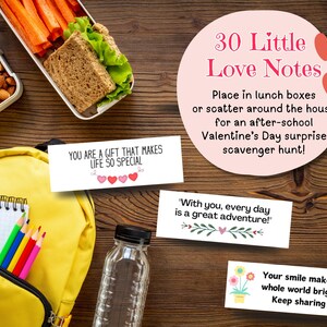 On a background of kitchen table, 30 little love notes | Valentines Day Love Notes - words of affirmations for kids ages 5-12, close up of three notes for lunch surprises or scavenger hunt