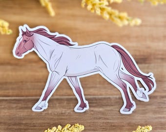 May include: A white horse with a brown mane and tail is walking. The horse has a pink nose and hooves. The horse is illustrated in a cartoon style.