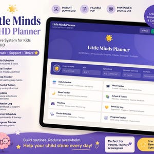 Può includere: Un pianificatore digitale per bambini con ADHD, visualizzato su un tablet. Il pianificatore include sezioni per orari giornalieri, monitoraggio dei pasti, abitudini del sonno, scuola, tempo di gioco, registri comportamentali e appuntamenti dal medico. Il design è viola e bianco.