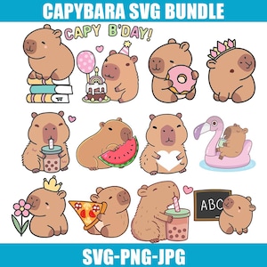 Capybara SVG Bundle | Süßes Wasserschwein PNG JPG | Geburtstag Boba Pizza Wassermelone Schule Tier Clipart | Cricut Sublimationsdateien