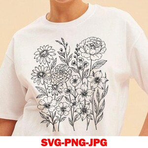 Ramo de flores silvestres dibujado a mano PNG / Clipart de arte floral lineal / Contorno de flor botánica bohemia para camiseta y sublimación descarga digital