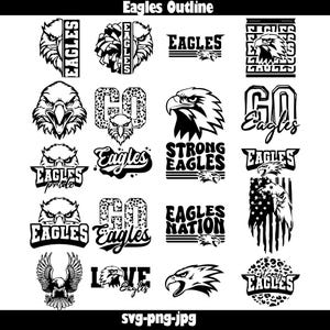 May include: A collection of 16 black and white vector graphics featuring the word "Eagles" in various styles and designs. The graphics include a variety of eagle images, text, and patterns.