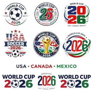 May include: A collection of logos and emblems for the 2026 World Cup, featuring soccer balls, the number 26, and the flags of the USA, Canada, and Mexico. Designs include circular badges and text elements.