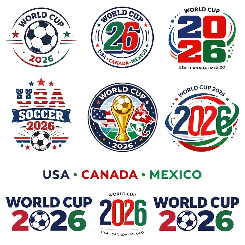May include: A collection of logos and emblems for the 2026 World Cup, featuring soccer balls, the number 26, and the flags of the USA, Canada, and Mexico. Designs include circular badges and text elements.
