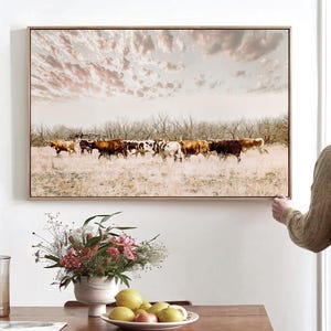 Longhorn Cattle Wall Art Canvas Print, Texas Ranch Canvas Wall Art, Framed Western Cow Art Print, Large Animal Print for Farmhouse Decor