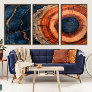 Impressão de arte de parede emoldurada com anel de árvore abstrata, impressão em tela com textura de madeira rústica natural, toco de árvore de madeira, decoração de casa de madeira em cabana de madeira