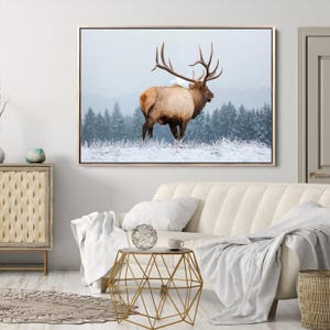 Elk Wall Art Canvas Print, Snowy Forest Scene Canvas Wall Art, Framed Rustic Wildlife Decor Art Print, Large Mountain Cabin Style Printing