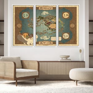 Impresión en lienzo de arte mural con el mapa de Avatar, impresión artística enmarcada de Naciones de los Elementos, obra de arte vintage perfecta de Aang Appa.