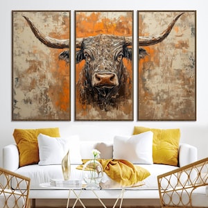 Abstract Cow Longhorn Bull Wall Art Canvas Print - Western Style Framed Canvas Wall Art Ready to Hang - Rustic Texas Western Cattle Artwork