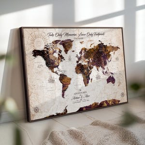 Personalized World Map Wall Art Canvas Print – Framed Push Pin Custom Map for Home or Office – Custom Map for Birthday, Anniversary Gift